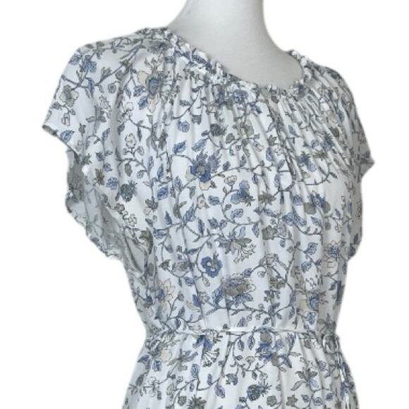 LOFT Dress Round Neck Tie Waist Short Sleeves White Blue Floral Women’s Size XL - Picture 6 of 10